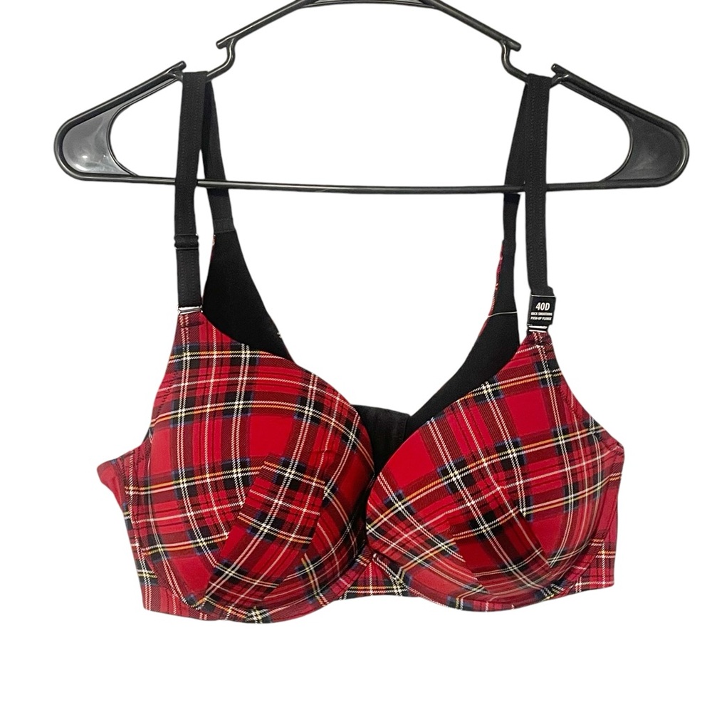 Torrid Plus Size 40D Red Plaid Back Smoothing Push Up‎ Plunge Bra NEW